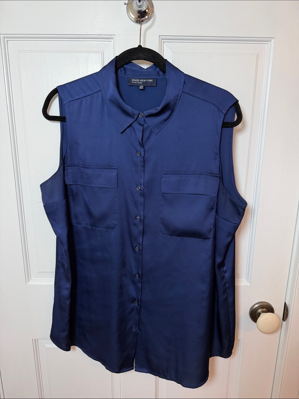 Jones New York Sleeveless Navy Button-Front Women’s Blouse Shirt Size L